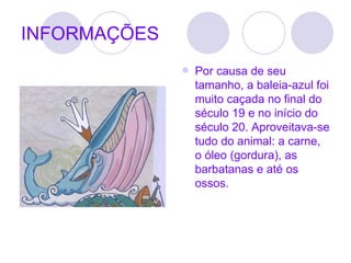 INFORMAÇÕES Por causa de seu tamanho, a baleia-azul foi muito caçada no final do século 19 e no início do século 20. Aproveitava-se tudo do animal: a carne, o óleo (gordura), as barbatanas e até os ossos. 