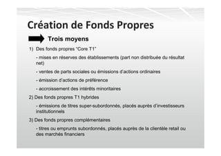 Création de Fonds Propres
        Trois moyens
1) Des fonds propres “Core T1”
   - mises en réserves des établissements (part non distribuée du résultat
   net)
   - ventes de parts sociales ou émissions d’actions ordinaires
   - émission d’actions de préférence
   - accroissement des intérêts minoritaires
2) Des fonds propres T1 hybrides
   - émissions de titres super-subordonnés, placés auprès d’investisseurs
   institutionnels
3) Des fonds propres complémentaires
   - titres ou emprunts subordonnés, placés auprès de la clientèle retail ou
   des marchés financiers
 