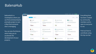 BalenaHub
balenaHub is a
marketplace where you
can find and download a
premade project or join
a fleet that someone
else is managing.
You can also find blocks
which help you to
accelerate the
development of your
projects.
Everything here
has been created
by community
members and is
open to everyone
to use.
Find out how to
contribute using
the top nav bar.
 