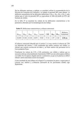 108
De las diferentes opciones a trabajar, se consideró utilizar la recomendación de la
División de Carreteras de California y se trabajó el percentil 80% para obtener la
deflexión característica de las diferentes deflexiones ( 𝐷𝐷𝑚𝑚𝑚𝑚𝑚𝑚, 𝐷𝐷25, 𝐷𝐷40 y 𝐷𝐷70 ), cabe
indicar que el valor de percentil 80% es equivalente al valor de diseño de 85% del
Instituto de Asfalto.
En la tabla 37 se muestran los valores de las deflexiones características y los
parámetros obtenidos por la metodología de este trabajo.
Tabla 37. Deflexiones características y refuerzo estructural.
𝐷𝐷𝐷𝐷𝑚𝑚 𝑚𝑚𝑚𝑚 𝐷𝐷𝐷𝐷25 𝐷𝐷𝐷𝐷40 𝐷𝐷𝐷𝐷70 𝐿𝐿0(cm) CBR 𝐒𝐒𝐒𝐒𝐞𝐞𝐞𝐞𝐞𝐞 𝐒𝐒𝐒𝐒𝐫𝐫𝐫𝐫𝐫𝐫
Refuerzo
Estructural
0.2445 0.184 0.118 0.072 19.02 17.14 1.97 2.42 2.58 cm
El refuerzo estructural obtenido por el camino 2, es muy similar al refuerzo de 2.88
cm obtenidos del camino 1. Esto comprueba que ambos caminos son válidos, se
efectuó una correcta recolección de datos y un buen análisis del pavimento de la
Universidad de Piura.
Finalmente los valores de 2.58 y 2.88 centímetros son válidos e indican que es
necesario reforzar estructuralmente el pavimento UDEP con una sobrecarpeta asfáltica
(ver tabla 14). El espesor elegido será de 3 centímetros ya que en la práctica es difícil
obtener valores decimales exactos de recapeo.
Como resultado de este trabajo en la figura 47 se muestran los pasos a seguir para el
correcto uso, análisis y evaluación estructural de los pavimentos usando viga
Benkelman.
 