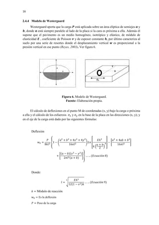 16
2.4.4 Modelo de Westergaard
Westergaard aporta que la carga 𝑷𝑷 está aplicada sobre un área elíptica de semiejes 𝒂𝒂 y
𝒃𝒃, donde 𝒂𝒂 está siempre paralelo al lado de la placa si la cara es próxima a ella. Además él
supone que el pavimento es un medio homogéneo, isotrópico y elástico, de módulo de
elasticidad 𝑬𝑬 , coeficiente de Poisson 𝒗𝒗 y de espesor constante 𝒉𝒉, por último caracteriza al
suelo por una serie de resortes donde el desplazamiento vertical 𝒘𝒘 es proporcional a la
presión vertical en ese punto (Reyes, 2003). Ver figura 6.
Figura 6. Modelo de Westergaard.
Fuente: Elaboración propia.
El cálculo de deflexiones en el punto M de coordenadas (x, y) bajo la carga o próxima
a ella y el cálculo de los esfuerzos 𝜎𝜎𝑥𝑥 y 𝜎𝜎𝑦𝑦 en la base de la placa en las direcciones (x, y); y
en el eje de la carga está dado por las siguientes fórmulas:
Deflexión
𝑤𝑤0 =
𝑃𝑃
8𝑘𝑘𝑙𝑙2 �1 − �
𝑎𝑎2
+ 𝑏𝑏2
+ 4𝑥𝑥2
+ 4𝑦𝑦2
16𝜋𝜋𝑙𝑙2 � 𝐿𝐿𝐿𝐿 �
𝐸𝐸ℎ3
𝑘𝑘 �
𝑎𝑎 + 𝑏𝑏
2 �
4� − �
𝑎𝑎2
+ 4𝑎𝑎𝑎𝑎 + 𝑏𝑏2
16𝜋𝜋𝑙𝑙2
�
+ �
(𝑎𝑎 − 𝑏𝑏)(𝑥𝑥2
− 𝑦𝑦2)
2𝜋𝜋𝑙𝑙2(𝑎𝑎 + 𝑏𝑏)
��… … (𝐸𝐸𝐸𝐸𝐸𝐸𝐸𝐸𝐸𝐸𝐸𝐸ó𝑛𝑛 8)
Donde:
𝑙𝑙 = �
𝐸𝐸ℎ3
12(1 − 𝑣𝑣2)𝑘𝑘
4
… … (𝐸𝐸𝐸𝐸𝐸𝐸𝐸𝐸𝐸𝐸𝐸𝐸ó𝑛𝑛 9)
𝑘𝑘 = Módulo de reacción
𝑤𝑤0 = Es la deflexión
𝑃𝑃 = Peso de la carga
 