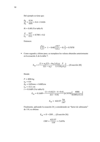 50
Del ejemplo se tiene que:
𝐷𝐷𝑅𝑅
𝐷𝐷0
=
0.34
0.85
= 0.4 < 0.426
𝑚𝑚� = 0.48 (Ver tabla 8)
𝐴𝐴
𝐿𝐿0
=
10.7
15.1
= 0.708 > 0.2
Entonces:
�
𝑆𝑆0
𝑆𝑆
� = 1 − 0.48 �
10.7
15.1
− 0.1� = 0.7078
 Como segundo y último paso, se reemplaza los valores obtenidos anteriormente
en la ecuación A de la tabla 7:
𝐸𝐸𝑠𝑠𝑠𝑠 = 𝐼𝐼
(1 + 𝑢𝑢0)(3 − 4𝑢𝑢0)
2(1 − 𝑢𝑢0)
�
𝑆𝑆0
𝑆𝑆
� �
𝑃𝑃
𝐷𝐷0 𝑥𝑥𝐿𝐿0
� … . (𝐸𝐸𝐸𝐸𝐸𝐸𝐸𝐸𝐸𝐸𝐸𝐸ó𝑛𝑛 28)
Donde:
𝑃𝑃 = 4086 kg
𝑢𝑢0 = 0.4
𝐷𝐷0 = 0.85𝑚𝑚𝑚𝑚 = 0.085𝑐𝑐𝑐𝑐
𝐿𝐿0 = 15.1 𝑐𝑐𝑐𝑐
𝐼𝐼 = 0.1689 (Ver tabla 8)
𝐸𝐸𝑠𝑠𝑠𝑠 = 0.1689 ∗
(1 + 0.4)(3 − 4 ∗ 0.4)
2(1 − 0.4)
[0.7078] �
4086
0.085𝑥𝑥15.1
�
𝐸𝐸𝑠𝑠𝑠𝑠 = 622.57
𝑘𝑘𝑘𝑘
𝑐𝑐𝑐𝑐2
Finalmente, aplicando la ecuación 26 y considerando un “factor de subrasante”
de 110, se obtiene:
𝐸𝐸𝑠𝑠𝑠𝑠 = 𝐾𝐾 ∗ 𝐶𝐶𝐶𝐶𝐶𝐶 … . (𝐸𝐸𝐸𝐸𝐸𝐸𝐸𝐸𝐸𝐸𝐸𝐸ó𝑛𝑛 26)
𝐶𝐶𝐶𝐶𝐶𝐶 =
622.57
110
= 5.65%
 