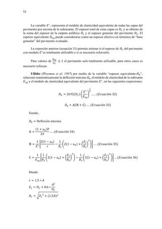 52
La variable 𝐸𝐸∗
, representa el módulo de elasticidad equivalente de todas las capas del
pavimento por encima de la subrasante. El espesor total de estas capas es 𝐻𝐻𝐶𝐶 y se obtiene de
la suma del espesor de la carpeta asfáltica 𝐻𝐻1 y el espesor granular del pavimento 𝐻𝐻2. El
espesor equivalente 𝐻𝐻𝑒𝑒𝑒𝑒 puede considerarse como un espesor efectivo en términos de “base
granular” del pavimento evaluado.
La expresión anterior (ecuación 31) permite estimar si el espesor de 𝐻𝐻𝐶𝐶 del pavimento
con modulo 𝐸𝐸∗
es totalmente utilizable o si es necesario reforzarlo.
Para valores de
𝐻𝐻𝑒𝑒𝑒𝑒
𝐻𝐻𝐶𝐶
≥ 1 el pavimento será totalmente utilizable, para otros casos es
necesario reforzar.
Ullidtz (Wiseman et al, 1997) por medio de la variable “espesor equivalente-𝐻𝐻𝐸𝐸”,
relacionó matemáticamente la deflexión máxima 𝐷𝐷0, el módulo de elasticidad de la subrsante
𝐸𝐸𝑠𝑠𝑠𝑠 y el módulo de elasticidad equivalente del pavimento 𝐸𝐸∗
, en las siguientes expresiones:
𝐻𝐻𝐸𝐸 = (0.9)(𝐻𝐻𝐶𝐶) �
𝐸𝐸∗
𝐸𝐸𝑠𝑠𝑠𝑠
�
1
3
… . . (𝐸𝐸𝐸𝐸𝐸𝐸𝐸𝐸𝐸𝐸𝐸𝐸ó𝑛𝑛 32)
𝐷𝐷0 = 𝔸𝔸(𝔹𝔹 + ℂ) … . (𝐸𝐸𝐸𝐸𝐸𝐸𝐸𝐸𝐸𝐸𝐸𝐸ó𝑛𝑛 33)
Siendo,
𝐷𝐷0 = Deflexión máxima
𝔸𝔸 =
(1 + 𝑢𝑢0)𝑃𝑃
2𝜋𝜋
… . (𝐸𝐸𝐸𝐸𝐸𝐸𝐸𝐸𝐸𝐸𝐸𝐸ó𝑛𝑛 34)
𝔹𝔹 =
1
𝐸𝐸∗
�
2(1 − 𝑢𝑢0)
𝑟𝑟
−
1
𝑅𝑅1
�2(1 − 𝑢𝑢0) + �
𝑍𝑍1
𝑅𝑅1
�
2
�� … . (𝐸𝐸𝐸𝐸𝐸𝐸𝐸𝐸𝐸𝐸𝐸𝐸ó𝑛𝑛 35)
ℂ =
1
𝐸𝐸𝑠𝑠𝑠𝑠
�
1
𝑅𝑅2
�2(1 − 𝑢𝑢0) + �
𝑍𝑍2
𝑅𝑅2
�
2
� −
1
𝑅𝑅3
�2(1 − 𝑢𝑢0) + �
𝑍𝑍3
𝑅𝑅3
�
2
�� … (𝐸𝐸𝐸𝐸𝐸𝐸𝐸𝐸𝐸𝐸𝐸𝐸ó𝑛𝑛 36)
Donde:
𝑟𝑟 = 1.5 ∗ 𝐴𝐴
𝑍𝑍1 = 𝐻𝐻𝐶𝐶 + 0.6 ∗
𝐴𝐴2
𝐻𝐻𝐶𝐶
𝑅𝑅1 = �𝑍𝑍1
2
+ (1.5𝐴𝐴)2
 