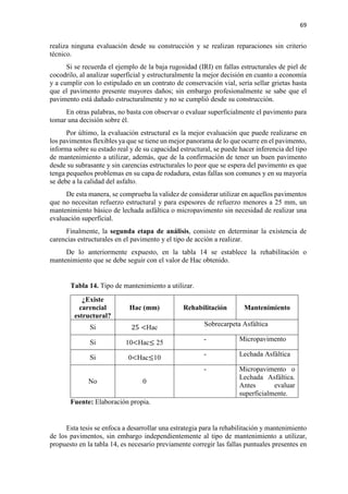 69
realiza ninguna evaluación desde su construcción y se realizan reparaciones sin criterio
técnico.
Si se recuerda el ejemplo de la baja rugosidad (IRI) en fallas estructurales de piel de
cocodrilo, al analizar superficial y estructuralmente la mejor decisión en cuanto a economía
y a cumplir con lo estipulado en un contrato de conservación vial, sería sellar grietas hasta
que el pavimento presente mayores daños; sin embargo profesionalmente se sabe que el
pavimento está dañado estructuralmente y no se cumplió desde su construcción.
En otras palabras, no basta con observar o evaluar superficialmente el pavimento para
tomar una decisión sobre él.
Por último, la evaluación estructural es la mejor evaluación que puede realizarse en
los pavimentos flexibles ya que se tiene un mejor panorama de lo que ocurre en el pavimento,
informa sobre su estado real y de su capacidad estructural, se puede hacer inferencia del tipo
de mantenimiento a utilizar, además, que de la confirmación de tener un buen pavimento
desde su subrasante y sin carencias estructurales lo peor que se espera del pavimento es que
tenga pequeños problemas en su capa de rodadura, estas fallas son comunes y en su mayoría
se debe a la calidad del asfalto.
De esta manera, se comprueba la validez de considerar utilizar en aquellos pavimentos
que no necesitan refuerzo estructural y para espesores de refuerzo menores a 25 mm, un
mantenimiento básico de lechada asfáltica o micropavimento sin necesidad de realizar una
evaluación superficial.
Finalmente, la segunda etapa de análisis, consiste en determinar la existencia de
carencias estructurales en el pavimento y el tipo de acción a realizar.
De lo anteriormente expuesto, en la tabla 14 se establece la rehabilitación o
mantenimiento que se debe seguir con el valor de Hac obtenido.
Tabla 14. Tipo de mantenimiento a utilizar.
¿Existe
carencial
estructural?
Hac (mm) Rehabilitación Mantenimiento
Si 25 <Hac Sobrecarpeta Asfáltica
Si 10<Hac≤ 25
- Micropavimento
Si 0<Hac≤10
- Lechada Asfáltica
No 0
- Micropavimento o
Lechada Asfáltica.
Antes evaluar
superficialmente.
Fuente: Elaboración propia.
Esta tesis se enfoca a desarrollar una estrategia para la rehabilitación y mantenimiento
de los pavimentos, sin embargo independientemente al tipo de mantenimiento a utilizar,
propuesto en la tabla 14, es necesario previamente corregir las fallas puntuales presentes en
 