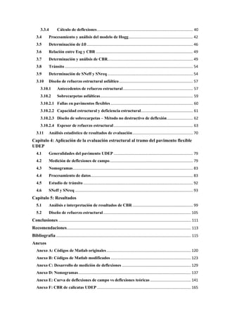 3.3.4 Cálculo de deflexiones............................................................................................ 40
3.4 Procesamiento y análisis del modelo de Hogg.............................................................. 42
3.5 Determinación de 𝑳𝑳𝑳𝑳...................................................................................................... 46
3.6 Relación entre Esg y CBR ............................................................................................. 49
3.7 Determinación y análisis de CBR.................................................................................. 49
3.8 Tránsito........................................................................................................................... 54
3.9 Determinación de SNeff y SNreq.................................................................................. 54
3.10 Diseño de refuerzo estructural asfáltico....................................................................... 57
3.10.1 Antecedentes de refuerzo estructural................................................................... 57
3.10.2 Sobrecarpetas asfálticas......................................................................................... 59
3.10.2.1 Fallas en pavimentos flexibles ............................................................................... 60
3.10.2.2 Capacidad estructural y deficiencia estructural.................................................. 61
3.10.2.3 Diseño de sobrecarpetas – Método no destructivo de deflexión......................... 62
3.10.2.4 Espesor de refuerzo estructural............................................................................ 63
3.11 Análisis estadístico de resultados de evaluación.......................................................... 70
Capítulo 4: Aplicación de la evaluación estructural al tramo del pavimento flexible
UDEP
4.1 Generalidades del pavimento UDEP ............................................................................ 79
4.2 Medición de deflexiones de campo................................................................................ 79
4.3 Nomogramas................................................................................................................... 83
4.4 Procesamiento de datos.................................................................................................. 83
4.5 Estudio de tránsito ......................................................................................................... 92
4.6 SNeff y SNreq ................................................................................................................. 93
Capítulo 5: Resultados
5.1 Análisis e interpretación de resultados de CBR .......................................................... 99
5.2 Diseño de refuerzo estructural.................................................................................... 105
Conclusiones ............................................................................................................................... 111
Recomendaciones....................................................................................................................... 113
Bibliografía ................................................................................................................................. 115
Anexos
Anexo A: Códigos de Matlab originales................................................................................. 120
Anexo B: Códigos de Matlab modificados ............................................................................. 123
Anexo C: Desarrollo de medición de deflexiones .................................................................. 129
Anexo D: Nomogramas............................................................................................................ 137
Anexo E: Curva de deflexiones de campo vs deflexiones teóricas ....................................... 141
Anexo F: CBR de calicatas UDEP .......................................................................................... 165
 