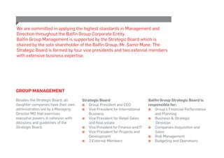 Group Management
Besides the Strategic Board, all
daughter companies have their own
administration led by a Managing
Director MD that exercises
executive powers in cohesion with
decisions and guidelines of the
Strategic Board.
We are committed in applying the highest standards in Management and
Direction throughout the Balfin Group Corporate Entity.
Balfin Group Management is supported by the Strategic Board which is
chaired by the sole shareholder of the Balfin Group, Mr. Samir Mane. The
Strategic Board is formed by four vice presidents and two external members
with extensive business expertise.
Strategic Board
▪▪ Group President and CEO
▪▪ Vice President for International
Business
▪▪ Vice President for Retail Sales
and Real estate
▪▪ Vice President for Finance and IT
▪▪ Vice President for Projects and
Development
▪▪ 2 External Members
Balfin Group Strategic Board is
responsible for:
▪▪ Group’s Financial Performance
and Planning
▪▪ Business & Strategic
Direction
▪▪ Companies Acquisition and
Sales
▪▪ Risk Management
▪▪ Budgeting and Operations
 