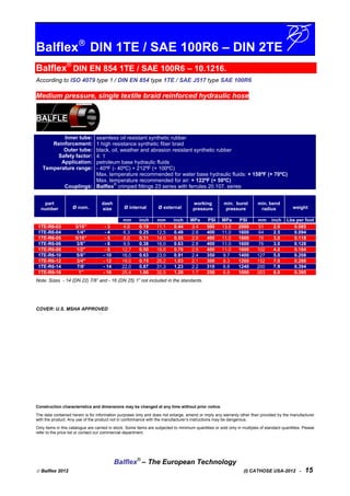 Balflex
DIN 1TE / SAE 100R6 – DIN 2TE
Balflex®
DIN EN 854 1TE / SAE 100R6 – 10.1216.
According to ISO 4079 type 1 / DIN EN 854 type 1TE / SAE J517 type SAE 100R6
Medium pressure, single textile braid reinforced hydraulic hose
Inner tube:
Reinforcement:
Outer tube:
Safety factor:
Application:
Temperature range:
Couplings:
seamless oil resistant synthetic rubber
1 high resistance synthetic fiber braid
black, oil, weather and abrasion resistant synthetic rubber
4: 1
petroleum base hydraulic fluids
- 40ºF (- 40ºC) + 212ºF (+ 100ºC)
Max. temperature recommended for water base hydraulic fluids: + 158ºF (+ 70ºC)
Max. temperature recommended for air: + 122ºF (+ 50ºC)
Balflex
®
crimped fittings 23 series with ferrules 20.107. series
part
number Ø nom.
dash
size Ø internal Ø external
working
pressure
min. burst
pressure
min. bend
radius weight
mm inch mm inch MPa PSI MPa PSI mm inch Lbs per foot
1TE-R6-03 3/16” - 3 4,8 0.19 11,1 0.44 3.4 500 13.8 2000 51 2.0 0.085
1TE-R6-04 1/4" - 4 6,3 0.25 12,5 0.49 2.8 400 11.0 1600 64 2.5 0.094
1TE-R6-05 5/16” - 5 8,0 0.31 14,0 0.55 2.8 400 11.0 1600 76 3.0 0.118
1TE-R6-06 3/8” - 6 9,5 0.38 16,0 0.63 2.8 400 11.0 1600 76 3.0 0.128
1TE-R6-08 1/2" - 8 12,7 0.50 19,8 0.78 2.8 400 11.0 1600 102 4.0 0.184
1TE-R6-10 5/8” - 10 16,0 0.63 23,0 0.91 2.4 350 9.7 1400 127 5.0 0.208
1TE-R6-12 3/4" - 12 19,0 0.75 26,2 1.03 2.1 300 8.3 1200 152 7.0 0.288
1TE-R6-14 7/8’ - 14 22,0 0.87 31,3 1.23 2.2 310 8.8 1240 200 7.9 0.394
1TE-R6-16 1” - 16 25,4 1.00 32,5 1.28 1.7 250 6.8 1000 203 8.0 0.395
Note: Sizes - 14 (DN 22) 7/8” and - 16 (DN 25) 1” not included in the standards.
COVER: U.S. MSHA APPROVED
Construction characteristics and dimensions may be changed at any time without prior notice.
The data contained herein is for information purposes only and does not enlarge, amend or imply any warranty other than provided by the manufacturer
with the product. Any use of the product not in conformance with the manufacturer’s instructions may be dangerous.
Only items in this catalogue are carried in stock. Some items are subjected to minimum quantities or sold only in multiples of standard quantities. Please
refer to the price list or contact our commercial department.
Balflex®
– The European Technology
 Balflex 2012 (I) CATHOSE USA-2012 - 15
 
