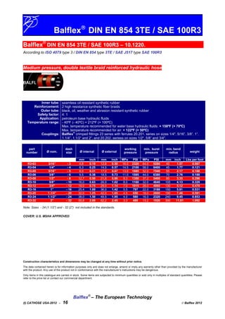 Balflex
DIN EN 854 3TE / SAE 100R3
Balflex®
DIN EN 854 3TE / SAE 100R3 – 10.1220.
According to ISO 4079 type 3 / DIN EN 854 type 3TE / SAE J517 type SAE 100R3
Medium pressure, double textile braid reinforced hydraulic hose
Inner tube:
Reinforcement:
Outer tube:
Safety factor:
Application:
Temperature range:
Couplings:
seamless oil resistant synthetic rubber
2 high resistance synthetic fiber braids
black, oil, weather and abrasion resistant synthetic rubber
4: 1
petroleum base hydraulic fluids
- 40ºF (- 40ºC) + 212ºF (+ 100ºC)
Max. temperature recommended for water base hydraulic fluids: + 158ºF (+ 70ºC)
Max. temperature recommended for air: + 122ºF (+ 50ºC)
Balflex
®
crimped fittings 23 series with ferrules 20.201. series on sizes 1/4", 5/16”, 3/8”, 1”,
1.1/4”, 1.1/2” and 2”, and 20.202. seriess on sizes 1/2", 5/8” and 3/4".
part
number Ø nom.
dash
size Ø internal Ø external
working
pressure
min. burst
pressure
min. bend
radius weight
mm inch mm inch MPa PSI MPa PSI mm inch Lbs per foot
R3-03 3/16” - 3 4,8 0.19 12,8 0.50 16.0 2320 64.0 9280 40 1.57 0.087
R3-04 1/4" - 4 6,3 0.25 14,5 0.57 14.5 2100 58.0 8400 45 1.77 0.121
R3-05 5/16” - 5 8,0 0.31 17,0 0.67 13.0 1885 52.0 7540 55 2.17 0.168
R3-06 3/8” - 6 9,5 0.38 18,5 0.73 11.0 1595 44.0 6380 70 2.76 0.188
R3-08 1/2" - 8 12,7 0.50 21,8 0.86 9.3 1350 37.2 5400 85 3.35 0.296
R3-10 5/8” - 10 16,0 0.63 26,0 1.02 8.0 1160 32.0 4640 105 4.13 0.329
R3-12 3/4" - 12 19,0 0.75 29,0 1.14 7.0 1015 28.0 4060 130 5.12 0.470
R3-16 1” - 16 25,4 1.00 36,0 1.42 5.5 797 22.0 3188 150 5.91 0.531
R3-20 1.1/4” - 20 32,0 1.25 42,0 1.65 4.5 650 18.0 2600 190 7.48 0.591
R3-24 1.1/2” - 24 38,0 1.50 49,5 1.95 4.0 580 16.0 2320 240 9.45 0.853
R3-32 2” - 32 50,8 2.00 62,2 2.45 3.3 480 13.2 1920 300 11.81 1.092
Note: Sizes - 24 (1.1/2”) and - 32 (2”) not included in the standards.
COVER: U.S. MSHA APPROVED
Construction characteristics and dimensions may be changed at any time without prior notice.
The data contained herein is for information purposes only and does not enlarge, amend or imply any warranty other than provided by the manufacturer
with the product. Any use of the product not in conformance with the manufacturer’s instructions may be dangerous.
Only items in this catalogue are carried in stock. Some items are subjected to minimum quantities or sold only in multiples of standard quantities. Please
refer to the price list or contact our commercial department.
Balflex®
– The European Technology
(I) CATHOSE USA-2012 - 16  Balflex 2012
 