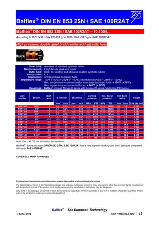 Balflex
DIN EN 853 2SN / SAE 100R2AT
Balflex®
DIN EN 853 2SN / SAE 100R2AT – 10.1004.
According to ISO 1436 / DIN EN 853 type 2SN / SAE J517 type SAE 100R2 AT
High pressure, double steel braid reinforced hydraulic hose
Inner tube:
Reinforcement:
Outer tube:
Safety factor:
Application:
Temperature range:
Couplings:
seamless oil resistant synthetic rubber
2 high tensile steel wire braids
black, oil, weather and abrasion resistant synthetic rubber
4: 1
petroleum base hydraulic fluids
- 40ºF (- 40ºC) + 212ºF (+ 100ºC); Intermittent service: + 248ºF (+ 120ºC)
Max. temperature recommended for water base hydraulic fluids: + 158ºF (+ 70ºC)
Max. temperature recommended for air: + 140ºF (+ 60ºC)
Balflex
®
crimped fittings 23 series with ferrules 20 series. Multicrimp P23 series
part
number Ø nom.
dash
size Ø internal Ø external
working
pressure
min. burst
pressure
min. bend
radius weight
mm inch mm inch MPa PSI MPa PSI mm inch Lbs per foot
R2AT-03 3/16” - 3 4,8 0.19 13,4 0.53 41.5 6015 165.0 24060 89 3.5 0.210
R2AT-04 1/4" - 4 6,3 0.25 15,0 0.59 40.0 5800 160.0 23200 100 3.9 0.235
R2AT-05 5/16” - 5 8,0 0.31 16,6 0.65 35.0 5075 140.0 20300 114 4.5 0.282
R2AT-06 3/8” - 6 9,5 0.38 19,0 0.75 33.0 4785 132.0 19140 127 5.0 0.329
R2AT-08 1/2" - 8 12,7 0.50 22,2 0.87 27.5 3985 110.0 15940 178 7.0 0.420
R2AT-10 5/8” - 10 16,0 0.63 25,5 1.00 25.0 3625 100.0 14500 200 7.9 0.511
R2AT-12 3/4" - 12 19,0 0.75 29,4 1.15 21.5 3120 86.0 12480 240 9.4 0.618
R2AT-16 1” - 16 25,4 1.00 37,9 1.50 16.5 2390 65.0 9560 300 11.8 0.933
R2AT-20 1.1/4” - 20 32,0 1.25 48,5 1.90 12.5 1810 50.0 7240 419 16.5 1.394
R2AT-24 1.1/2” - 24 38,0 1.50 54,7 2.15 9.0 1300 36.0 5200 500 19.7 1.646
R2AT-32 2” - 32 50,8 2.00 67,4 2.65 8.0 1160 32.0 4640 630 24.8 2.150
R2AT-40 2.1/2” - 40 63,5 2.50 83,0 3.27 7.0 1015 28.0 4060 760 30.4 2.218
R2AT-48 3 “ - 48 76,2 3.00 96,0 3.78 5.5 798 22.0 3192 900 36.0 2.486
Note: Size - 48 (3”) not included in the standards.
Balflex
®
hydraulic hose DIN EN 853 2SN / SAE 100R2AT has a very superior working and burst pressure compared
with only SAE 100R2AT
COVER: U.S. MSHA APPROVED
Construction characteristics and dimensions may be changed at any time without prior notice.
The data contained herein is for information purposes only and does not enlarge, amend or imply any warranty other than provided by the manufacturer
with the product. Any use of the product not in conformance with the manufacturer’s instructions may be dangerous.
Only items in this catalogue are carried in stock. Some items are subjected to minimum quantities or sold only in multiples of standard quantities. Please
refer to the price list or contact our commercial department.
Balflex®
– The European Technology
 Balflex 2012 (I) CATHOSE USA-2012 - 19
 