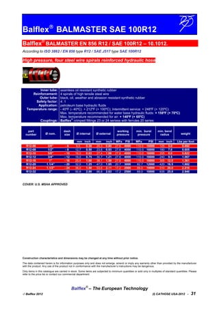 Balflex
BALMASTER SAE 100R12
Balflex®
BALMASTER EN 856 R12 / SAE 100R12 – 10.1012.
According to ISO 3862 / EN 856 type R12 / SAE J517 type SAE 100R12
High pressure, four steel wire spirals reinforced hydraulic hose
Inner tube:
Reinforcement:
Outer tube:
Safety factor:
Application:
Temperature range:
Couplings:
seamless oil resistant synthetic rubber
4 spirals of high tensile steel wire
black, oil, weather and abrasion resistant synthetic rubber
4: 1
petroleum base hydraulic fluids
- 40ºF (- 40ºC) + 212ºF (+ 100ºC); Intermittent service: + 248ºF (+ 120ºC)
Max. temperature recommended for water base hydraulic fluids: + 158ºF (+ 70ºC)
Max. temperature recommended for air: + 140ºF (+ 60ºC)
Balflex
®
crimped fittings 23 or 24 seriess with ferrules 20 series
part
number Ø nom.
dash
size Ø internal Ø external
working
pressure
min. burst
pressure
min. bend
radius weight
mm inch mm inch MPa PSI MPa PSI mm inch Lbs per foot
R12-06 3/8” - 6 9,5 0.38 20,3 0.80 27.6 4000 110.0 16000 125 5.0 0.492
R12-08 1/2" - 8 12,7 0.50 23,6 0.93 27.6 4000 110.0 16000 180 7.0 0.605
R12-10 5/8” - 10 16,0 0.63 27,4 1.08 27.6 4000 110.0 16000 205 8.0 0.822
R12-12 3/4" - 12 19,0 0.75 30,7 1.21 27.6 4000 110.0 16000 240 9.5 1.067
R12-16 1” - 16 25,4 1.00 38,1 1.50 27.6 4000 110.0 16000 305 12.0 1.361
R12-20 1.1/4” - 20 32,0 1.25 47,0 1.85 20.7 3000 82.7 12000 420 16.5 1.882
R12-24 1.1/2” - 24 38,0 1.50 53,6 2.11 17.2 2500 69.0 10000 510 20.0 2.218
R12-32 2” - 32 50,8 2.00 66,8 2.63 17.2 2500 69.0 10000 635 25.0 2.940
COVER: U.S. MSHA APPROVED
Construction characteristics and dimensions may be changed at any time without prior notice.
The data contained herein is for information purposes only and does not enlarge, amend or imply any warranty other than provided by the manufacturer
with the product. Any use of the product not in conformance with the manufacturer’s instructions may be dangerous.
Only items in this catalogue are carried in stock. Some items are subjected to minimum quantities or sold only in multiples of standard quantities. Please
refer to the price list or contact our commercial department.
Balflex®
– The European Technology
 Balflex 2012 (I) CATHOSE USA-2012 - 31
 