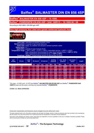 Balflex
BALMASTER DIN EN 856 4SP
Balflex®
BALMASTER EN 856 4SP – 10.1008.
Balflex®
POWERSPIR EN 856 4SP / SAE 100R15 – 10.1008.06 / 08
According to ISO 3862 / EN 856 type 4SP
Very high pressure, four steel wire spirals reinforced hydraulic hose
Inner tube:
Reinforcement:
Outer tube:
Safety factor:
Application:
Temperature range:
Couplings:
seamless oil resistant synthetic rubber
4 spirals of high tensile steel wire
black, oil, weather and abrasion resistant synthetic rubber
4: 1
petroleum base hydraulic fluids
- 40ºF (- 40ºC) + 212ºF (+ 100ºC); Intermittent service: + 248ºF (+ 120ºC)
Max. temperature recommended for water base hydraulic fluids: + 158ºF (+ 70ºC)
Max. temperature recommended for air: + 140ºF (+ 60ºC)
Balflex
®
crimped fittings seriess 24 with ferrules 20 series
part
number Ø nom.
dash
size Ø internal Ø external
working
pressure
min. burst
pressure
min. bend
radius weight
mm inch mm inch MPa PSI MPa PSI mm inch Lbs per foot
4SP-04 1/4" - 4 6,3 0.25 17,9 0.70 50.0 7250 200.0 29000 120 4.7 0.425
4SP-06* 3/8” - 6 9,5 0.38 21,4 0.84 44.5 6453 178.0 25812 130 5.1 0.526
4SP-08* 1/2" - 8 12,7 0.50 24,6 0.97 42.0 6000 168.0 24000 180 7.1 0.627
4SP-10 5/8” - 10 16,0 0.63 28,2 1.11 35.0 5075 140.0 20300 225 8.9 0.828
4SP-12 3/4" - 12 19,0 0.75 32,2 1.27 35.0 5075 140.0 20300 280 11.0 0.996
4SP-16 1” - 16 25,4 1.00 39,7 1.56 28.0 4060 112.0 16240 355 14.0 1.428
4SP-20 1.1/4” - 20 32,0 1.25 50,8 2.00 21.0 3045 84.0 12180 460 18.1 1.882
4SP-24 1.1/2” - 24 38,0 1.50 57,2 2.25 18.5 2683 74.0 10732 560 22.0 2.218
4SP-32 2” - 32 50,8 2.00 69,8 2.75 16.5 2393 66.0 9572 710 28.0 2.940
*On sizes – 6 (3/8”) and - 8 (1/2") the Balflex
®
BALMASTER DIN EN 856 4SP and Balflex
®
POWERSPIR SAE
100R15 hoses are the same, and they are branded Balflex
®
POWERSPIR.
COVER: U.S. MSHA APPROVED
Construction characteristics and dimensions may be changed at any time without prior notice.
The data contained herein is for information purposes only and does not enlarge, amend or imply any warranty other than provided by the manufacturer
with the product. Any use of the product not in conformance with the manufacturer’s instructions may be dangerous.
Only items in this catalogue are carried in stock. Some items are subjected to minimum quantities or sold only in multiples of standard quantities. Please
refer to the price list or contact our commercial department.
Balflex®
– The European Technology
(I) CATHOSE USA-2012 - 32  Balflex 2012
 