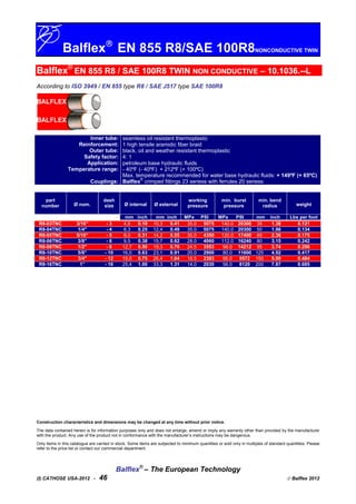 Balflex
EN 855 R8/SAE 100R8NONCONDUCTIVE TWIN
Balflex®
EN 855 R8 / SAE 100R8 TWIN NON CONDUCTIVE – 10.1036.--L
According to ISO 3949 / EN 855 type R8 / SAE J517 type SAE 100R8
Inner tube:
Reinforcement:
Outer tube:
Safety factor:
Application:
Temperature range:
Couplings:
seamless oil resistant thermoplastic
1 high tensile aramidic fiber braid
black, oil and weather resistant thermoplastic
4: 1
petroleum base hydraulic fluids
- 40ºF (- 40ºF) + 212ºF (+ 100ºC)
Max. temperature recommended for water base hydraulic fluids: + 149ºF (+ 65ºC)
Balflex
®
crimped fittings 23 seriess with ferrules 20 seriess
part
number Ø nom.
dash
size Ø internal Ø external
working
pressure
min. burst
pressure
min. bend
radius weight
mm inch mm inch MPa PSI MPa PSI mm inch Lbs per foot
R8-03TNC 3/16” - 3 4,8 0.19 10,3 0.41 35.0 5075 140.0 20300 35 1.38 0.121
R8-04TNC 1/4" - 4 6,3 0.25 12,4 0.49 35.0 5075 140.0 20300 50 1.96 0.134
R8-05TNC 5/16” - 5 8,0 0.31 14,2 0.55 30.0 4350 120.0 17400 60 2.36 0.175
R8-06TNC 3/8” - 6 9,5 0.38 15,7 0.62 28.0 4060 112.0 16240 80 3.15 0.242
R8-08TNC 1/2" - 8 12,7 0.50 19,3 0.76 24.5 3553 98.0 14212 95 3.74 0.296
R8-10TNC 5/8” - 10 16,0 0.63 23,1 0.91 20.0 2900 80.0 11600 125 4.92 0.417
R8-12TNC 3/4" - 12 19,0 0.75 26,4 1.04 16.5 2393 66.0 9572 150 5.90 0.484
R8-16TNC 1” - 16 25,4 1.00 33,3 1.31 14.0 2030 56.0 8120 200 7.87 0.685
Construction characteristics and dimensions may be changed at any time without prior notice.
The data contained herein is for information purposes only and does not enlarge, amend or imply any warranty other than provided by the manufacturer
with the product. Any use of the product not in conformance with the manufacturer’s instructions may be dangerous.
Only items in this catalogue are carried in stock. Some items are subjected to minimum quantities or sold only in multiples of standard quantities. Please
refer to the price list or contact our commercial department.
Balflex®
– The European Technology
(I) CATHOSE USA-2012 - 46  Balflex 2012
 