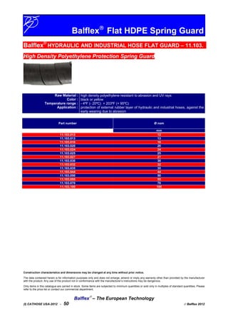 Balflex
Flat HDPE Spring Guard
Balflex®
HYDRAULIC AND INDUSTRIAL HOSE FLAT GUARD – 11.103.
High Density Polyethylene Protection Spring Guard
Raw Material :
Color :
Temperature range :
Application :
high density polyethylene resistant to abrasion and UV rays
black or yellow
- 4ºF (- 20ºC) + 203ºF (+ 95ºC)
protection of external rubber layer of hydraulic and industrial hoses, against the
early wearing due to abrasion
Part number Ø nom
mm
11.103.012 12
11.103.013 13
11.103.016 16
11.103.020 20
11.103.024 24
11.103.025 25
11.103.027 27
11.103.030 30
11.103.032 32
11.103.035 35
11.103.044 44
11.103.050 50
11.103.055 55
11.103.070 70
11.103.100 100
Construction characteristics and dimensions may be changed at any time without prior notice.
The data contained herein is for information purposes only and does not enlarge, amend or imply any warranty other than provided by the manufacturer
with the product. Any use of the product not in conformance with the manufacturer’s instructions may be dangerous.
Only items in this catalogue are carried in stock. Some items are subjected to minimum quantities or sold only in multiples of standard quantities. Please
refer to the price list or contact our commercial department.
Balflex
– The European Technology
(I) CATHOSE USA-2012 - 50  Balflex 2012
 