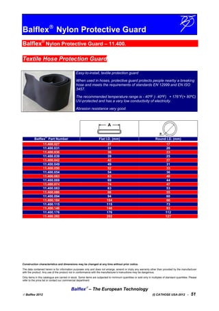 Balflex
Nylon Protective Guard
Balflex®
Nylon Protective Guard – 11.400.
Textile Hose Protection Guard
Easy-to-install, textile protection guard
When used in hoses, protective guard protects people nearby a breaking
hose and meets the requirements of standards EN 12999 and EN ISO
3457.
The recommended temperature range is - 40ºF (- 40ºF) + 176°F(+ 80ºC)
UV-protected and has a very low conductivity of electricity.
Abrasion resistance very good.
Balflex
®
Part Number Flat I.D. (mm) Round I.D. (mm)
11.400.027 27 17
11.400.031 31 20
11.400.036 36 23
11.400.039 39 25
11.400.042 42 27
11.400.049 49 31
11.400.050 52 33
11.400.054 54 36
11.400.063 63 40
11.400.069 69 44
11.400.074 74 47
11.400.083 83 53
11.400.086 86 55
11.400.094 94 60
11.400.104 104 66
11.400.115 115 73
11.400.146 146 93
11.400.176 176 112
11.400.202 202 127
Construction characteristics and dimensions may be changed at any time without prior notice.
The data contained herein is for information purposes only and does not enlarge, amend or imply any warranty other than provided by the manufacturer
with the product. Any use of the product not in conformance with the manufacturer’s instructions may be dangerous.
Only items in this catalogue are carried in stock. Some items are subjected to minimum quantities or sold only in multiples of standard quantities. Please
refer to the price list or contact our commercial department.
Balflex
– The European Technology
 Balflex 2012 (I) CATHOSE USA-2012 - 51
 