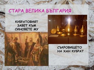 Розалина Паскалева
СТАРА ВЕЛИКА БЪЛГАРИЯ
КУБРАТОВИЯТ
ЗАВЕТ КЪМ
СИНОВЕТЕ МУ
СЪКРОВИЩЕТО
НА ХАН КУБРАТ
 
