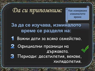 Да си припомним:
За да се изучава, изминалото
време се разделя на:
Важни дати за всяко семейство.
Официални празници на
държавата.
Периоди: десетилетия, векове,
хилядолетия.

 