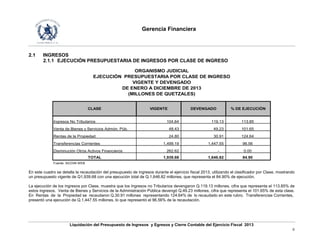 Gerencia Financiera
Liquidación del Presupuesto de Ingresos y Egresos y Cierre Contable del Ejercicio Fiscal 2013
6
2.1 INGRESOS
2.1.1 EJECUCIÓN PRESUPUESTARIA DE INGRESOS POR CLASE DE INGRESO
Ingresos No Tributarios 104.64 119.13 113.85
Venta de Bienes y Servicios Admón. Púb. 48.43 49.23 101.65
Rentas de la Propiedad 24.80 30.91 124.64
Transferencias Corrientes 1,499.19 1,447.55 96.56
Disminución Otros Activos Financieros 262.62 - 0.00
TOTAL 1,939.68 1,646.82 84.90
Fuente: SICOIN WEB
ORGANISMO JUDICIAL
EJECUCIÓN PRESUPUESTARIA POR CLASE DE INGRESO
VIGENTE Y DEVENGADO
DE ENERO A DICIEMBRE DE 2013
(MILLONES DE QUETZALES)
CLASE VIGENTE DEVENGADO % DE EJECUCIÓN
En este cuadro se detalla la recaudación del presupuesto de ingresos durante el ejercicio fiscal 2013, utilizando el clasificador por Clase, mostrando
un presupuesto vigente de Q1,939.68 con una ejecución total de Q.1,646.82 millones, que representa el 84.90% de ejecución.
La ejecución de los ingresos por Clase, muestra que los Ingresos no Tributarios devengaron Q.119.13 millones, cifra que representa el 113.85% de
estos ingresos. Venta de Bienes y Servicios de la Administración Pública devengó Q.49.23 millones, cifra que representa el 101.65% de esta clase.
En Rentas de la Propiedad se recaudaron Q.30.91 millones representando 124.64% de lo recaudado en este rubro. Transferencias Corrientes,
presentó una ejecución de Q.1,447.55 millones, lo que representó el 96.56% de la recaudación.
 