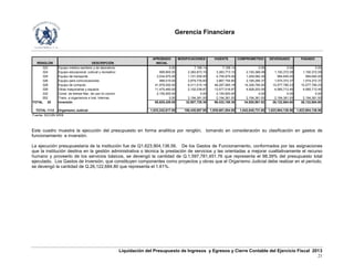 Gerencia Financiera
Liquidación del Presupuesto de Ingresos y Egresos y Cierre Contable del Ejercicio Fiscal 2013
21
APROBADO MODIFICACIONES VIGENTE COMPROMETIDO DEVENGADO PAGADO
RENGLÓN DESCRIPCIÓN INICIAL
323 Equipo médico-sanitario y de laboratorio 0.00 7,168.14 7,168.14 0.00 0.00 0.00
324 Equipo educacional, cultural y recreativo 999,900.00 2,383,873.10 3,383,773.10 2,150,366.09 1,150,372.09 1,150,372.09
325 Equipo de transporte 3,034,975.00 1,721,000.00 4,755,975.00 1,029,062.30 994,640.00 994,640.00
326 Equipo para comunicaciones 988,019.00 2,879,735.60 3,867,754.60 2,185,284.37 1,574,372.37 1,574,372.37
328 Equipo de computo 41,976,550.00 6,311,015.18 48,287,565.18 14,326,785.92 10,577,780.23 10,577,780.23
329 Otras maquinarias y equipos 11,475,480.00 2,102,036.87 13,577,516.87 4,928,203.50 4,565,712.45 4,565,712.45
332 Const. de bienes Nac. de uso no común 2,150,500.00 0.00 2,150,500.00 0.00 0.00 0.00
552 Trans. a organismos e Inst. Internac. 0.00 2,194,361.93 2,194,361.93 2,194,361.93 2,194,361.93 2,194,361.93
TOTAL 20 Inversión 65,625,429.00 32,807,729.38 98,433,158.38 34,920,981.92 26,122,684.80 26,122,684.80
TOTAL 1112 Organismo Judicial 1,833,242,617.00 106,438,887.95 1,939,681,504.95 1,642,645,731.65 1,623,904,136.56 1,623,904,136.56
Fuente: SICOIN WEB
Este cuadro muestra la ejecución del presupuesto en forma analítica por renglón, tomando en consideración su clasificación en gastos de
funcionamiento e inversión.
La ejecución presupuestaria de la institución fue de Q1.623,904,136.56. De los Gastos de Funcionamiento, conformados por las asignaciones
que la institución destina en la gestión administrativa o técnica la prestación de servicios y las orientadas a mejorar cualitativamente el recurso
humano y proveerlo de los servicios básicos, se devengó la cantidad de Q.1,597,781,451.76 que representa el 98.39% del presupuesto total
ejecutado. Los Gastos de Inversión, que constituyen componentes como proyectos y obras que el Organismo Judicial debe realizar en el período,
se devengó la cantidad de Q.26,122,684.80 que representa el 1.61%.
 