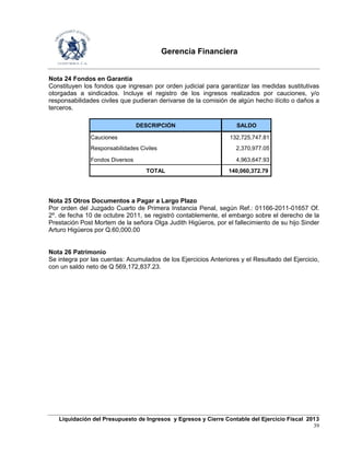 Gerencia Financiera
Liquidación del Presupuesto de Ingresos y Egresos y Cierre Contable del Ejercicio Fiscal 2013
39
Nota 24 Fondos en Garantía
Constituyen los fondos que ingresan por orden judicial para garantizar las medidas sustitutivas
otorgadas a sindicados. Incluye el registro de los ingresos realizados por cauciones, y/o
responsabilidades civiles que pudieran derivarse de la comisión de algún hecho ilícito o daños a
terceros.
DESCRIPCIÓN SALDO
Cauciones 132,725,747.81
Responsabilidades Civiles 2,370,977.05
Fondos Diversos 4,963,647.93
TOTAL 140,060,372.79
Nota 25 Otros Documentos a Pagar a Largo Plazo
Por orden del Juzgado Cuarto de Primera Instancia Penal, según Ref.: 01166-2011-01657 Of.
2º. de fecha 10 de octubre 2011, se registró contablemente, el embargo sobre el derecho de la
Prestación Post Mortem de la señora Olga Judith Higüeros, por el fallecimiento de su hijo Sinder
Arturo Higüeros por Q.60,000.00
Nota 26 Patrimonio
Se integra por las cuentas: Acumulados de los Ejercicios Anteriores y el Resultado del Ejercicio,
con un saldo neto de Q 569,172,837.23.
 