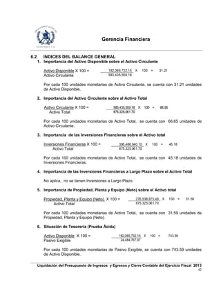 Gerencia Financiera
Liquidación del Presupuesto de Ingresos y Egresos y Cierre Contable del Ejercicio Fiscal 2013
42
6.2 ÍNDICES DEL BALANCE GENERAL
1. Importancia del Activo Disponible sobre el Activo Circulante
Activo Disponible X 100 =
Activo Circulante
Por cada 100 unidades monetarias de Activo Circulante, se cuenta con 31.21 unidades
de Activo Disponible.
2. Importancia del Activo Circulante sobre al Activo Total
Activo Circulante X 100 =
Activo Total
Por cada 100 unidades monetarias de Activo Total, se cuenta con 66.65 unidades de
Activo Circulante.
3. Importancia de las Inversiones Financieras sobre el Activo total
Inversiones Financieras X 100 =
Activo Total
Por cada 100 unidades monetarias de Activo Total, se cuenta con 45.18 unidades de
Inversiones Financieras.
4. Importancia de las Inversiones Financieras a Largo Plazo sobre el Activo Total
No aplica, no se tienen Inversiones a Largo Plazo.
5. Importancia de Propiedad, Planta y Equipo (Neto) sobre el Activo total
Propiedad, Planta y Equipo (Neto) X 100 =
Activo Total
Por cada 100 unidades monetarias de Activo Total, se cuenta con 31.59 unidades de
Propiedad, Planta y Equipo (Neto).
6. Situación de Tesorería (Prueba Ácida)
Activo Disponible X 100 =
Pasivo Exigible
Por cada 100 unidades monetarias de Pasivo Exigible, se cuenta con 743.59 unidades
de Activo Disponible.
182,065,732.15 X 100 = 31.21
583,435,559.18
583,435,559.18 X 100 = 66.65
875,325,061.70
395,486,040.10 X 100 = 45.18
875,325,061.70
276,536,675.49 X 100 = 31.59
875,325,061.70
182,065,732.15 X 100 = 743.59
24,484,767.97
 