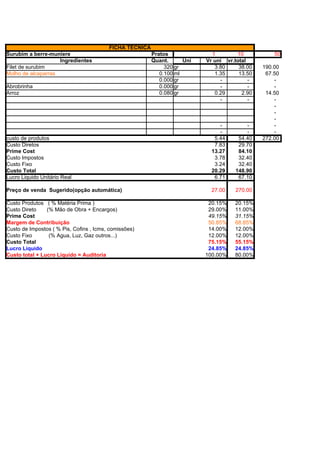 FICHA TÉCNICA
Surubim a berre-muniere                                  Pratos              1        10           50
                    Ingredientes                         Quant.      Uni   Vr uni vr.total
Filet de surubim                                              320 gr          3.80     38.00   190.00
Molho de alcaparras                                         0.100 ml          1.35     13.50    67.50
                                                            0.000 gr            -          -       -
Abrobrinha                                                  0.000 gr            -          -       -
Arroz                                                       0.080 gr          0.29      2.90    14.50
                                                                                -          -       -
                                                                                                   -
                                                                                                   -
                                                                                                   -
                                                                                -         -        -
                                                                                -         -        -
custo de produtos                                                             5.44     54.40   272.00
Custo Diretos                                                                 7.83     29.70
Prime Cost                                                                   13.27     84.10
Custo Impostos                                                                3.78     32.40
Custo Fixo                                                                    3.24     32.40
Custo Total                                                                  20.29    148.90
Lucro Liquido Unitário Real                                                   6.71     67.10

Preço de venda Sugerido(opção automática)                                    27.00    270.00

Custo Produtos ( % Matéria Prima )                                          20.15%    20.15%
Custo Direto    (% Mão de Obra + Encargos)                                  29.00%    11.00%
Prime Cost                                                                  49.15%    31.15%
Margem de Contribuição                                                      50.85%    68.85%
Custo de Impostos ( % Pis, Cofins , Icms, comissões)                        14.00%    12.00%
Custo Fixo       (% Agua, Luz, Gaz outros...)                               12.00%    12.00%
Custo Total                                                                 75.15%    55.15%
Lucro Liquido                                                               24.85%    24.85%
Custo total + Lucro Liquido = Auditoria                                    100.00%    80.00%
                                                                            86.63%    59.85%
                                                                           100.00%   100.00%
Markup =                                                                   100.00%   100.00%
 