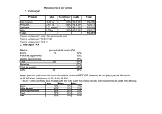 Método preço de venda
      1. Indexação

          Produto                   Qtd. Rendiment                  custo        Total
                                             o
Filet mignon                   0,20 kg         90%                  R$ 9.00      R$ 2.00
Presunto                       0,10 kg         95%                  R$ 6.90      R$ 0.72
Salsinha                       0,01 maço       70%                  R$ 2.00      R$ 0.03
Alho                           0,05kg          90%                  R$ 5.00      R$ 0.27
Total                                                                            R$ 3.01
Preço de venda parcial = custo / fator percentual de custo
Preço de venda parcial = R$ 3,01/ 0,33
Preço de venda parcial = R$ 9,12
2. indexação TRA

Gastos                             percentual da receita (%)
Lucro                                  10                     10%
Folha de pagamento                     30                     30%
Gastos operacionais                                           25%
Total                                  65                     65%
Receitas                              100                    100%
Total de gastos                        65                     65%
CMV                                   35                      35%

Assim para um prato com um custo de matéria –prima de R$ 3,00, devemos ter um preço parcial de venda
de R$ 3,00 x fator multiplicador = 3,00 x 2,86 = R$ 8,58.
 1/0.35 = 2.86 este fator será multiplicado por todo custo de pratos retirado individualmente de cada ficha técnica.
                                 Alta          Média               Baixa
Lucro                                    10%                 10%           10%
Folha de pgto.                           40%                 30%           25%
Gastos operacionais                      25%                 25%           25%
Total                                    75%                 65%           60%
CMV                                      25%                 35%           40%
 
