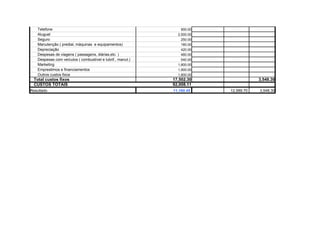 Telefone                                                     900.00
   Aluguel                                                    2,500.00
   Seguro                                                       250.00
   Manutenção ( predial, máquinas e equipamentos)               180.00
   Depreciação                                                  420.00
   Despesas de viagens ( passagens, diárias,etc. )              480.00
   Despesas com veículos ( combustível e lubrif., manut.)       540.00
   Marketing                                                  1,800.00
   Emprestimos e financiamentos                               1,900.00
   Outros custos fixos                                        1,800.00
 Total custos fixos                                         17,502.30                3,548.30
 CUSTOS TOTAIS                                              92,008.11
Resultado                                                   11,160.45    12,589.70   3,548.30
 