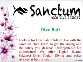 Dive Bali
Looking for Dive Bali holiday? Dive with the
Sanctum Dive Team to get the diving and
the safety you deserve. Unforgettable fun
underwater! We offer Togian Island,
Sulawesi Dive, Togian Diving and other
services at best prices.
 