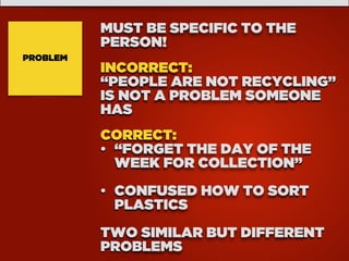 PROBLEM
MUST BE SPECIFIC TO THE
PERSON!
INCORRECT:
“PEOPLE ARE NOT RECYCLING”
IS NOT A PROBLEM SOMEONE
HAS
CORRECT:
• “FORGET THE DAY OF THE
WEEK FOR COLLECTION”
• CONFUSED HOW TO SORT
PLASTICS
TWO SIMILAR BUT DIFFERENT
PROBLEMS
 
