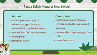 @misteraans
Tanda Baligh Menurut Ilmu Biologi
Laki-laki Perempuan
tumbuhnya rambut seperti
berkumis, jenggot, jampang,
rambut ketiak, rambut kemaluan
pertumbuhan fisik semakin cepat
tumbuh jakun
perubahan suara
tumbuhnya rambut dibagian
tertentu rambut ketiak, rambut
kemaluan
pertumbuhan bagian pinggul dan
dada
perubahan suara
 