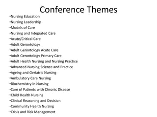 Conference Themes
•Nursing Education
•Nursing Leadership
•Models of Care
•Nursing and Integrated Care
•Acute/Critical Care
•Adult Gerontology
•Adult Gerontology Acute Care
•Adult Gerontology Primary Care
•Adult Health Nursing and Nursing Practice
•Advanced Nursing Science and Practice
•Ageing and Geriatric Nursing
•Ambulatory Care Nursing
•Biochemistry in Nursing
•Care of Patients with Chronic Disease
•Child Health Nursing
•Clinical Reasoning and Decision
•Community Health Nursing
•Crisis and Risk Management
 