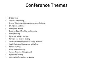 Conference Themes
• Critical Care
• Critical Care Nursing
• Critical Thinking and Caring Competency Training
• Emergency Medicine
• Emergency Nursing
• Evidence-Based Teaching and Learning
• Family Nursing
• Flight and Military Nursing
• Forensic and Cardiac Nursing
• Growth and Development Including Nutrition
• Health Sciences, Nursing and Midwifery
• Holistic Nursing
• Home Health Nursing
• Human Resource Management
• Hyperbaric Nursing
• Information Technology in Nursing
 