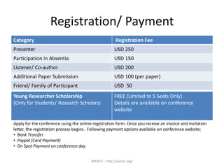 Registration/ Payment
Category Registration Fee
Presenter USD 250
Participation in Absentia USD 150
Listener/ Co-author USD 200
Additional Paper Submission USD 100 (per paper)
Friend/ Family of Participant USD 50
Young Researcher Scholarship
(Only for Students/ Research Scholars)
FREE (Limited to 5 Seats Only)
Details are available on conference
website
Apply for the conference using the online registration form. Once you receive an invoice and invitation
letter, the registration process begins. Following payment options available on conference website:
• Bank Transfer
• Paypal (Card Payment)
• On Spot Payment on conference day
WASRTI - http://wasrti.org/
 