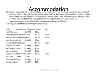 AccommodationParticipants may opt to stay in the same hotel as the conference venue or choose among the wide variety of
accommodations offered in the surrounding areas. Hotels in Bali cater to different kinds of budget ranging
from backpacker style hostels to 5-star properties. Please contact your hotel directly and make your own
bookings. You may book them through the hotel booking sites like www.expedia.com or
www.booking.com or www.hotels.com etc. as per your budget and choice.
Following is a list of hotels near the conference venue:
Hotel Distance from Conference Venue Stars
Hotel Mercure 2.2 KM 4 Star
Hotel Ibis Styles, Bali Kuta Circle 3.2 KM 3 Star
Mercure Bali, Harvestland Kuta 1.0 KM 4 Star
Hard Rock Hotel Bali 2.3 KM 4 Star
Sheraton Bali Kuta Resort 2.8 KM 5 Star
The Vira Bali Hotel 1.9 KM 4 Star
Bali Dynasty Resort 2.3 KM 4 Star
Harper Kuta Bali 2.1 KM 4 Star
Discovery Kartika Bali Plaza Hotel 2.6 KM 5 Star
Kuta Puri 2.5 KM 2 Star
Green Garden Hotel 2.3 KM 2 Star
Satriya Cottages 3.0 KM 3 Star
WASRTI - http://wasrti.org/
 
