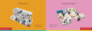 Typical Carpet Area
Typical Usable Area
Typical Saleable Area
~68.3 sq.mt.
~77.1 sq.mt.
~105.9 sq.mt.
1 sq. mt. = 10.764 sq. ft.
Furniture, fixtures or fittings shown in the floor plan are not standard and will not be provided in the
apartment. Areas mentioned herein are approximate and shall vary based on selected apartment.
Floor plans are in accordance with the latest approved sanctioned plan and are subject to changes
mandated by government authorities and/or applicable laws from time to time.
Furniture, fixtures or fittings shown in the floor plan are not standard and will not be provided in the
apartment. Areas mentioned herein are approximate and shall vary based on selected apartment.
Floor plans are in accordance with the latest approved sanctioned plan and are subject to changes
mandated by government authorities and/or applicable laws from time to time.
Royal Spa Suite Presidential Spa Suite
Typical Carpet Area
Typical Usable Area
Typical Saleable Area
~90.1 sq.mt.
~101.3 sq.mt.
~139.3 sq.mt.
1 sq. mt. = 10.764 sq. ft.
 