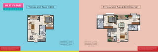 ENTRYENTRY
Typical Carpet Area
Typical Usable Area
Typical Saleable Area
~47.4 sq.mt.
~53.0 sq.mt.
~75.3 sq.mt.
1 sq. mt. = 10.764 sq. ft.
Furniture, fixtures or fittings shown in the floor plan are not standard and will not be provided in the
apartment. Areas mentioned herein are approximate and shall vary based on selected apartment.
Floor plans are in accordance with the latest approved sanctioned plan and are subject to changes
mandated by government authorities and/or applicable laws from time to time.
Typical Unit Plan 1-BHK Typical Unit Plan 2-BHK Comfort
Furniture, fixtures or fittings shown in the floor plan are not standard and will not be provided in the
apartment. Areas mentioned herein are approximate and shall vary based on selected apartment.
Floor plans are in accordance with the latest approved sanctioned plan and are subject to changes
mandated by government authorities and/or applicable laws from time to time.
Typical Carpet Area
Typical Usable Area
Typical Saleable Area
~32.5 sq.mt.
~35.8 sq.mt.
~50.2 sq.mt.
1 sq. mt. = 10.764 sq. ft.
 