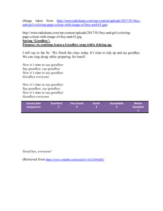 (Image taken from http://www.radiokuno.com/wp-content/uploads/2017/01/boy-
and-girl-coloring-page-colour-with-image-of-boy-and-63.jpg)
http://www.radiokuno.com/wp-content/uploads/2017/01/boy-and-girl-coloring-
page-colour-with-image-of-boy-and-63.jpg
Saying ‘Goodbye’:
Purpose: to continue learn a Goodbye song while tidying up.
I will say to the Ss: ‘We finish the class today. It’s time to tidy up and say goodbye.
We can sing along while preparing for lunch’.
Now it’s time to say goodbye
Say goodbye, say goodbye
Now it’s time to say goodbye
Goodbye everyone
Now it’s time to say goodbye
Say goodbye, say goodbye
Now it’s time to say goodbye
Goodbye everyone
Good bye, everyone!
(Retrieved from https://www.youtube.com/watch?v=rCr2t34vkIE)
Lesson plan
component
Excellent
5
Very Good
4
Good
3
Acceptable
2
Below
Standard
1
 