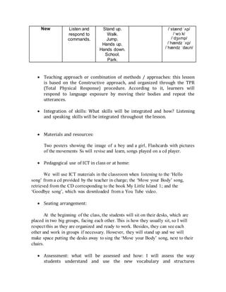 New Listen and
respond to
commands.
Stand up.
Walk.
Jump.
Hands up.
Hands down.
School.
Park.
/ˈstænd ˈʌp/
/ˈwɔːk/
/ˈdʒʌmp/
/ˈhændz ˈʌp/
/ˈhændz ˈdaʊn/


 Teaching approach or combination of methods / approaches: this lesson
is based on the Constructive approach, and organized through the TPR
(Total Physical Response) procedure. According to it, learners will
respond to language exposure by moving their bodies and repeat the
utterances.

 Integration of skills: What skills will be integrated and how? Listening
and speaking skills will be integrated throughout the lesson.


 Materials and resources: 

Two posters showing the image of a boy and a girl, Flashcards with pictures
of the movements Ss will revise and learn, songs played on a cd player.

 Pedagogical use of ICT in class or at home:

We will use ICT materials in the classroom when listening to the ‘Hello
song’ from a cd provided by the teacher in charge; the ‘Move your Body’ song,
retrieved from the CD corresponding to the book My Little Island 1; and the
‘Goodbye song’, which was downloaded from a You Tube video.

 Seating arrangement: 

At the beginning of the class, the students will sit on their desks, which are
placed in two big groups, facing each other. This is how they usually sit, so I will
respect this as they are organized and ready to work. Besides, they can see each
other and work in groups if necessary. However, they will stand up and we will
make space putting the desks away to sing the ‘Move your Body’ song, next to their
chairs.
 Assessment: what will be assessed and how: I will assess the way
students understand and use the new vocabulary and structures
 