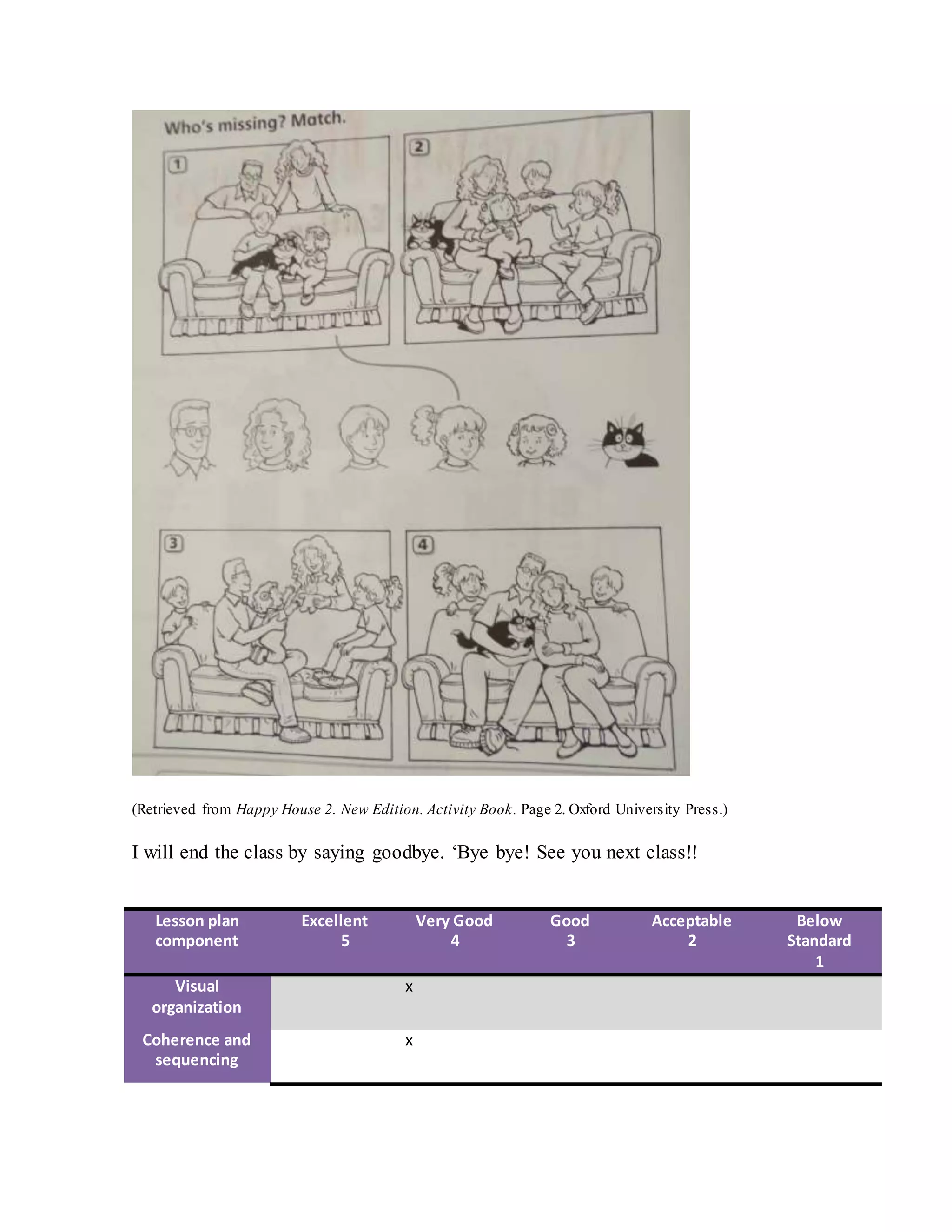(Retrieved from Happy House 2. New Edition. Activity Book. Page 2. Oxford University Press.)
I will end the class by saying goodbye. ‘Bye bye! See you next class!!
Lesson plan
component
Excellent
5
Very Good
4
Good
3
Acceptable
2
Below
Standard
1
Visual
organization
x
Coherence and
sequencing
x
 