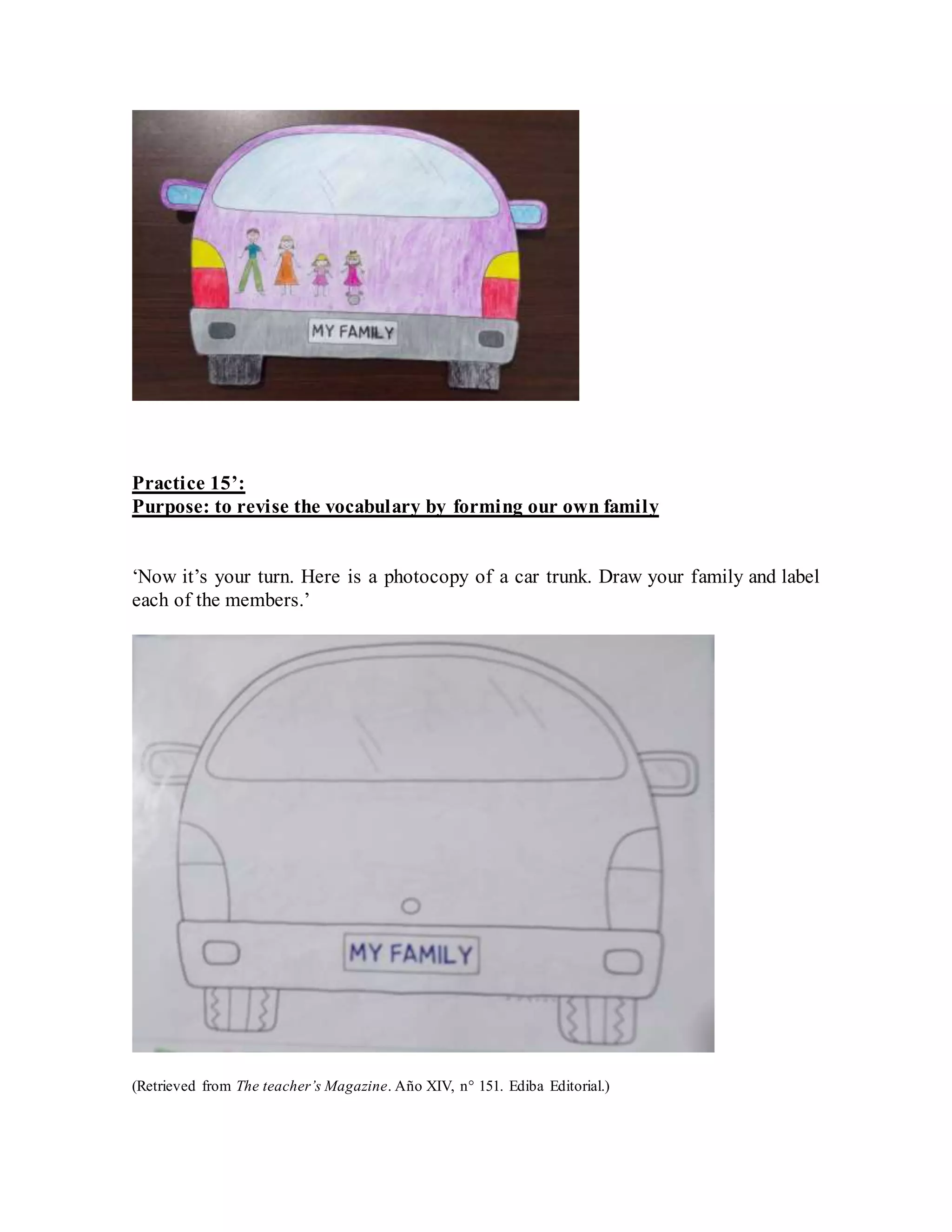 Practice 15’:
Purpose: to revise the vocabulary by forming our own family
‘Now it’s your turn. Here is a photocopy of a car trunk. Draw your family and label
each of the members.’
(Retrieved from The teacher’s Magazine. Año XIV, n° 151. Ediba Editorial.)
 