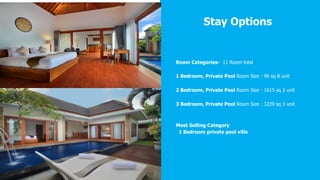Room Categories- 11 Room total
1 Bedroom, Private Pool Room Size : 96 sq 8 unit
2 Bedroom, Private Pool Room Size : 1615 sq 2 unit
3 Bedroom, Private Pool Room Size : 3229 sq 1 unit
Most Selling Category
1 Bedroom private pool villa
Stay Options
 