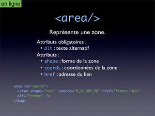 en ligne

                        <area/>
                     Représente une zone.
               Attributs obligatoires :
                • alt : texte alternatif
               Attributs :
                • shape : forme de la zone
                • coords : coordonnées de la zone
                • href : adresse du lien

     <map id="monde">
       <area shape="rect" coords="0,0,100,90" href="france.html"
       alt="France" />
     </map>
 