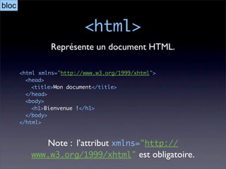 bloc

                           <html>
                Représente un document HTML.

       <html xmlns="http://www.w3.org/1999/xhtml">
         <head>
           <title>Mon document</title>
         </head>
         <body>
           <h1>Bienvenue !</h1>
         </body>
       </html>



             Note : l’attribut xmlns="http://
          www.w3.org/1999/xhtml" est obligatoire.
 
