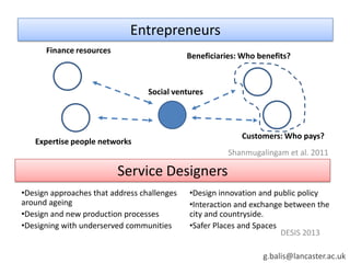 Service Designers
Entrepreneurs
Social ventures
Finance resources
Expertise people networks
Beneficiaries: Who benefits?
Customers: Who pays?
Shanmugalingam et al. 2011
•Design approaches that address challenges
around ageing
•Design and new production processes
•Designing with underserved communities
•Design innovation and public policy
•Interaction and exchange between the
city and countryside.
•Safer Places and Spaces
DESIS 2013
g.balis@lancaster.ac.uk
 