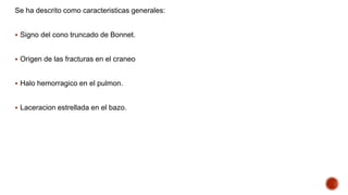 Se ha descrito como caracteristicas generales:
 Signo del cono truncado de Bonnet.
 Origen de las fracturas en el craneo
 Halo hemorragico en el pulmon.
 Laceracion estrellada en el bazo.
 