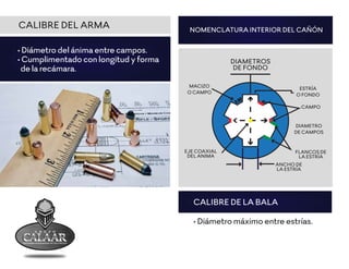 DIAMETROS
DE FONDO
MACIZO
O CAMPO
ESTRÍA
O FONDO
CAMPO
DIAMETRO
DE CAMPOS
EJE COAXIAL
DEL ANIMA
FLANCOS DE
LA ESTRÍA
ANCHO DE
LA ESTRÍA
NOMENCLATURA INTERIOR DEL CAÑÓN
• Diámetro del ánima entre campos.
• Cumplimentado con longitud y forma
de la recámara.
• Diámetro máximo entre estrías.
CALIBRE DEL ARMA
CALIBRE DE LA BALA
 