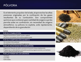 TIPOS:
POR SU COMBUSTIÓN:
• Negras (mezcla física: carbón, azufre y salitre)
• Sin humo o piroxiladas (nitrocelulosa gelatinizada)
POR SU COMPOSICIÓN QUÍMICA
• De una base (nitrocelulosa)
• De doble base (nitrocelulosa y nitroglicerina)
POR LA VELOCIDAD DE COMBUSTIÓN
• Degresivas: Después de súbito crecimiento la presión decae rápidamente
• Progresivas: La velocidad de combustión aumenta progresivamente y se mantiene
hasta la salida de la bala del cañón
POR LA FORMA DE LOS GRANOS
• Tubulares
• Laminillas
• Esferoidales
PÓLVORA
Eselelementopropulsordelabala,alaprovecharlasaltas
presiones originadas por la conﬁnación de los gases
resultantes de su combustión. Son componentes
químicos que contienen gran cantidad de oxigeno que les
permite arder en conﬁnación, sin necesidad de oxigeno
atmosférico. La pólvora no explota, arde rápidamente,
dependiendo de su granulación
 