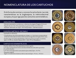 Eslaformadenominaryconocerlacartuchería.Lasmás
características es la anglosajona, la métricodecimal
europea y la que rige para los cartuchos semimetálicos.
NOMENCLATURA DE LOS CARTUCHOS
ANGLOSAJÓN
• Diámetro expresado en centésimas o milésimas de pulgada (Pulgada=25,4 mm).
• Seguido de una o dos cifras separadas por guiones, letras o el nombre del
diseñador, fabricante, etc. Ejem: «30-06 Sprinﬁeld», «308 Winchester»
EUROPEO (MÉTRICO-DECIMAL)
Expresado en milímetros.
• Constituida por dos cifras separadas por el signo «x», la primera correspondiente
al diámetro de la bala (en la boca de la vaina) y la segunda a la longitud de la vaina.
• Pueden seguir el nombre del diseñador, del arma para la que estén concebidos.
Ejem: «9 x 29 mm. Smith & Wesson SPL», «8,8 x 19 mm Parabellum».
CARTUCHOS SEMIMETÁLICOSBerdan (europeo, sin yunque).
Grandes calibres: Dos cifras separadas por barra o guión.
La 1ª cifra corresponde al número de bolas del diámetro del cañón que entran
en una libra de peso.
La 2ª cifra a la longitud de la vaina abierta (percutida). Ejem. «12/70»
• Pequeños calibres
Siguen normalmente el sistema métrico decimal. Ejem: «9 mm», «12 mm»
 