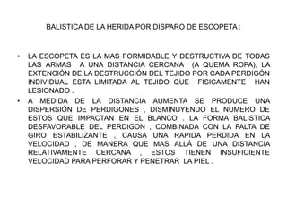 BALISTICA DE LA HERIDA POR DISPARO DE ESCOPETA :
• LA ESCOPETA ES LA MAS FORMIDABLE Y DESTRUCTIVA DE TODAS
LAS ARMAS A UNA DISTANCIA CERCANA (A QUEMA ROPA), LA
EXTENCIÓN DE LA DESTRUCCIÓN DEL TEJIDO POR CADA PERDIGÓN
INDIVIDUAL ESTA LIMITADA AL TEJIDO QUE FISICAMENTE HAN
LESIONADO .
• A MEDIDA DE LA DISTANCIA AUMENTA SE PRODUCE UNA
DISPERSIÓN DE PERDIGONES , DISMINUYENDO EL NUMERO DE
ESTOS QUE IMPACTAN EN EL BLANCO . LA FORMA BALISTICA
DESFAVORABLE DEL PERDIGON , COMBINADA CON LA FALTA DE
GIRO ESTABILIZANTE , CAUSA UNA RAPIDA PERDIDA EN LA
VELOCIDAD , DE MANERA QUE MAS ALLÁ DE UNA DISTANCIA
RELATIVAMENTE CERCANA , ESTOS TIENEN INSUFICIENTE
VELOCIDAD PARA PERFORAR Y PENETRAR LA PIEL .
 