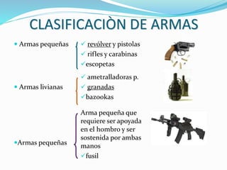 CLASIFICACIÒN DE ARMAS
 Armas pequeñas  revólver y pistolas
 rifles y carabinas
escopetas
 Armas livianas
 ametralladoras p.
 granadas
bazookas
Armas pequeñas
Arma pequeña que
requiere ser apoyada
en el hombro y ser
sostenida por ambas
manos
fusil
 